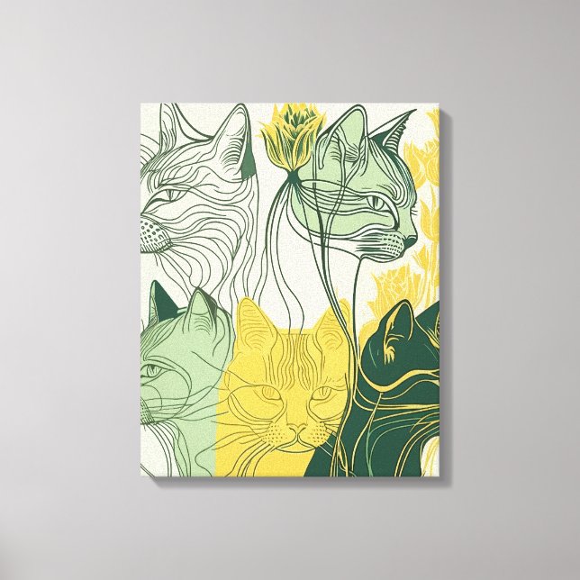 Abstrakter Vektor "Boho Cats" grün und gelb Leinwanddruck (Vorderseite)