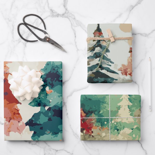 Abstrakter Weihnachtsbaum Set 3 Geschenkpapier Set (Vorderseite)