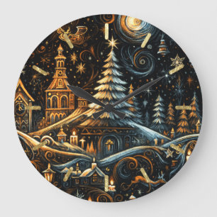 Abstrakter Weihnachtsdörfskhalk Zeichnend Nachthim Große Wanduhr