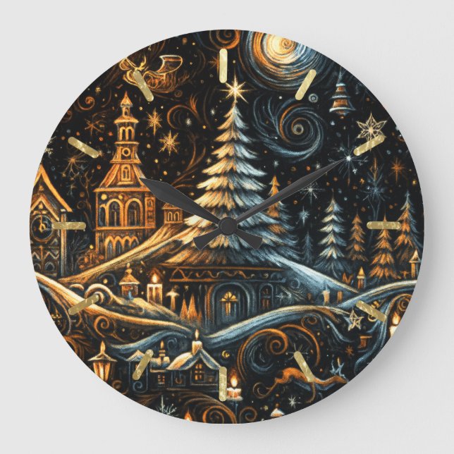 Abstrakter Weihnachtsdörfskhalk Zeichnend Nachthim Große Wanduhr (Vorderseite)