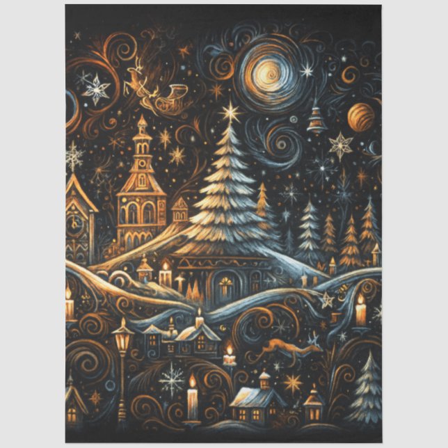 Abstrakter Weihnachtsdörfskhalk Zeichnend Nachthim Seidenpapier (Vorderseite)
