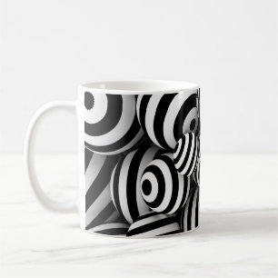 Abstrakter weißer Hintergrund mit Kugeln und schw Kaffeetasse