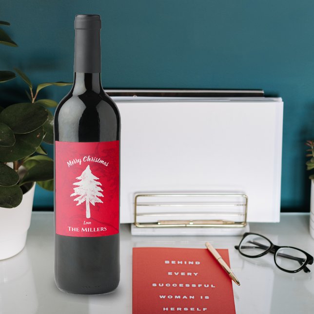 Abstrakter, weißer Weihnachtsbaum Frohe Weihnachte Weinetikett (Abstract Red White Christmas Tree Merry Christmas Wine Label)