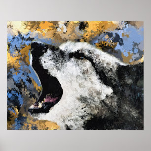 ABSTRAKTER WOLF WILDLIFE BLAU GOLD POSTER