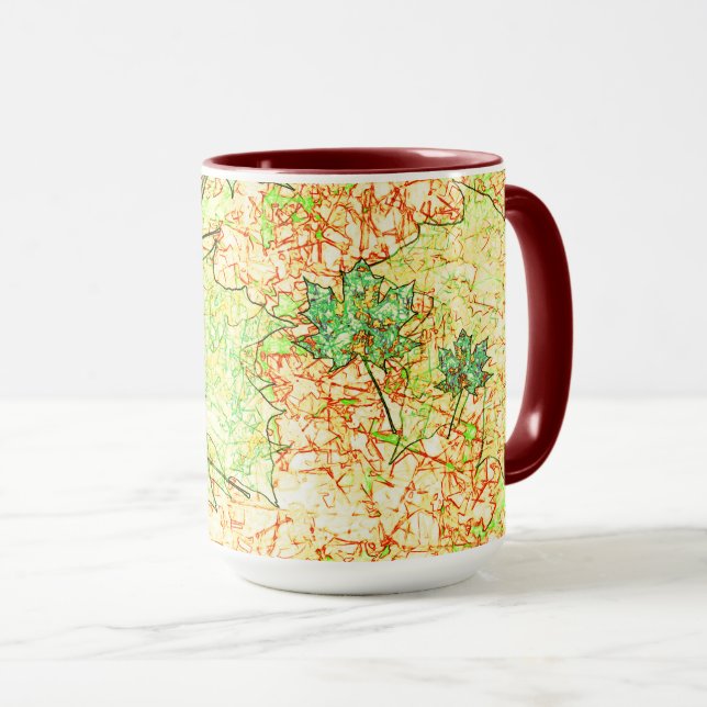 Abstraktes Acerblatt auf zerkratztem Boden, beige Tasse (VorderseiteRechts)