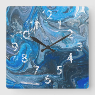 Abstraktes Acrylblau, weiß, Marine Quadratische Wanduhr