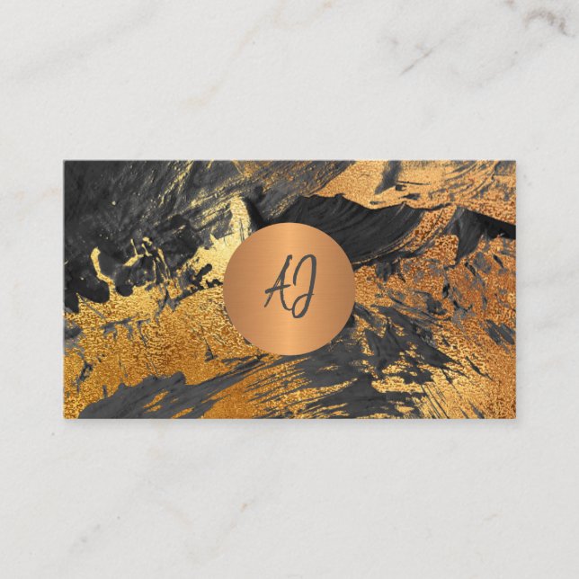Abstraktes Acrylgemälde, schwarz mit Monogramm Visitenkarte (Vorderseite)