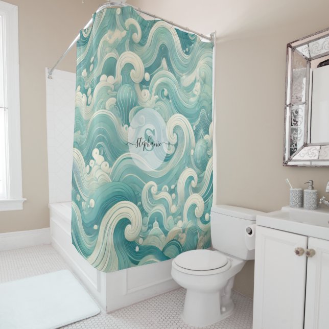 Abstraktes Aqua Blue & White Wave - Moderne Fluid  Duschvorhang (Beispiel)
