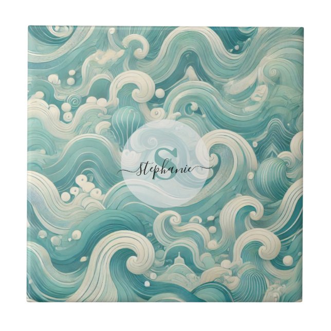 Abstraktes Aqua Blue & White Wave - Moderne Fluid  Fliese (Vorderseite)