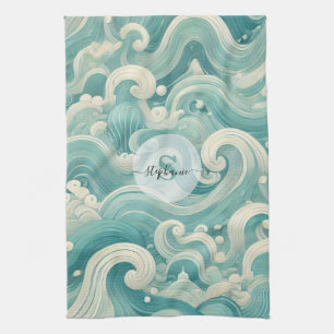 Abstraktes Aqua Blue & White Wave - Moderne Fluid Geschirrtuch