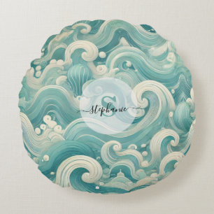 Abstraktes Aqua Blue & White Wave - Moderne Fluid Rundes Kissen