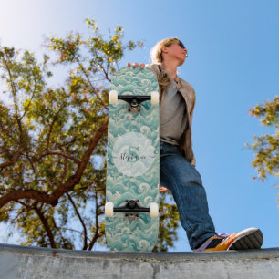 Abstraktes Aqua Blue & White Wave - Moderne Fluid Skateboard
