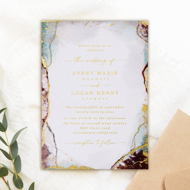 Abstraktes Aqua Red Wedding Real Gold Folieneinladung (Von Creator hochgeladen)