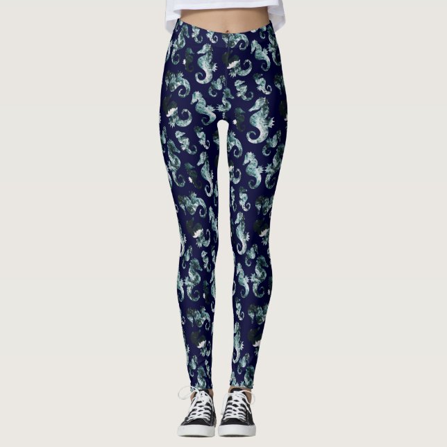 Abstraktes Aqua-Seepferdmuster Leggings (Vorderseite)