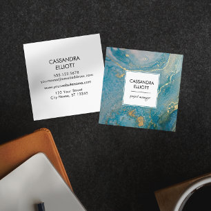 Abstraktes Aquamarines Blue & Gold Alkoholtupfer F Quadratische Visitenkarte