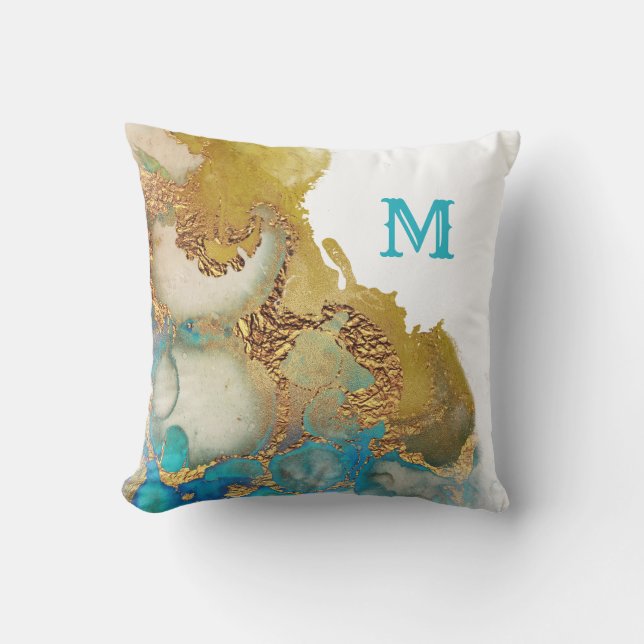Abstraktes Aquamarines Gold-Agate-Farbmonogramm Kissen (Vorderseite)