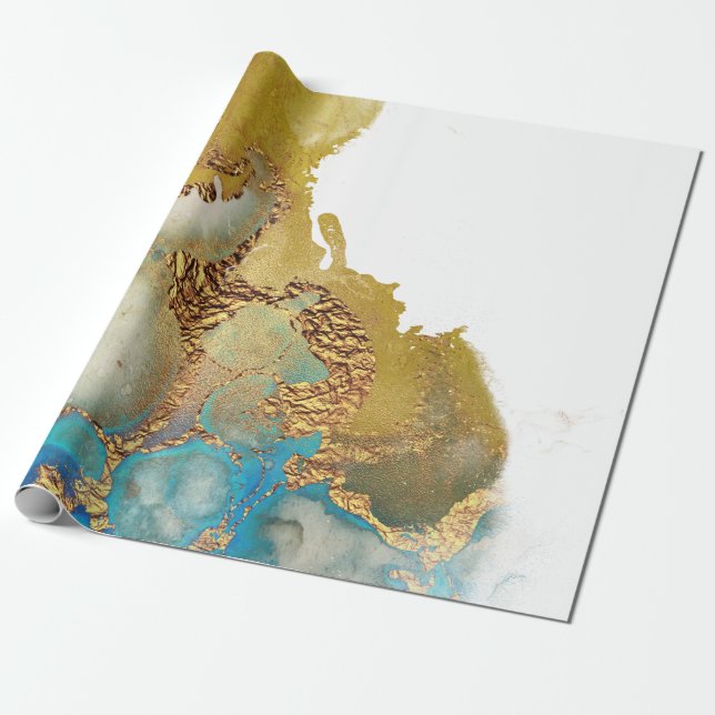 Abstraktes Aquamarines Gold Agate Watercolor Geschenkpapier (Ungerollt)