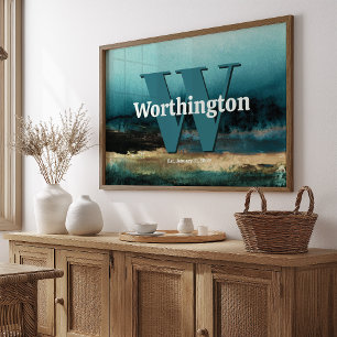 Abstraktes Aquarell-Nachnamen-Druck Custom Teal Poster