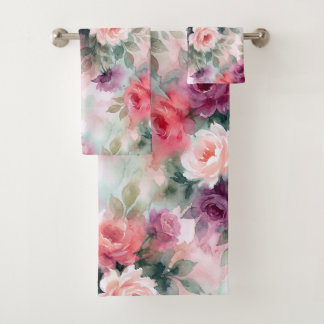 Abstraktes Aquarell-Rosenmuster – Romantische Blum Badhandtuch Set