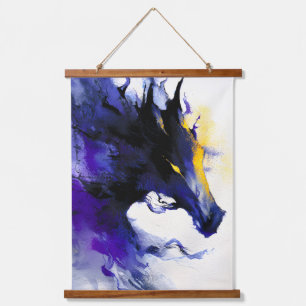 Abstraktes Aquarell Schwarzpferd-Porträt Wandteppich Mit Holzrahmen