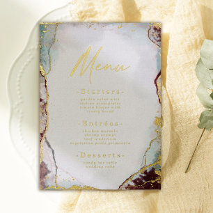 Abstraktes Aquarell-Wein-Hochzeitsmenü echtes Gold Folieneinladung