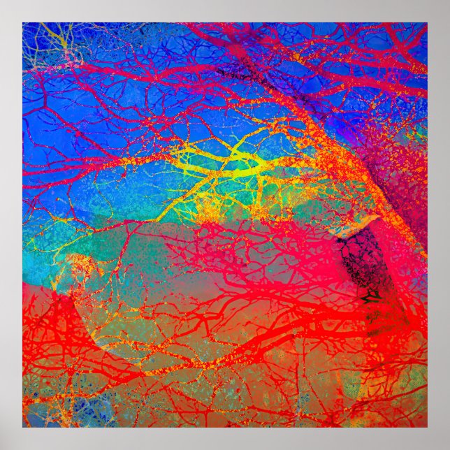 Abstraktes Baumdesign in Rot und Blau Poster (Vorne)