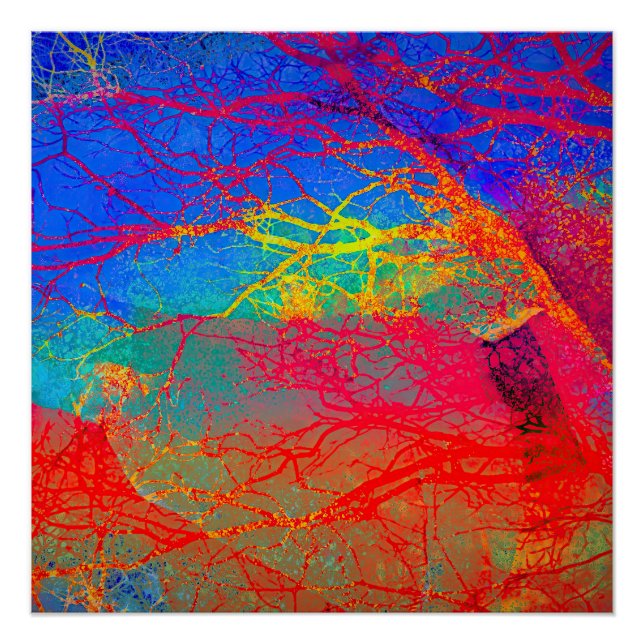 Abstraktes Baumdesign in Rot und Blau Poster (Vorderseite)