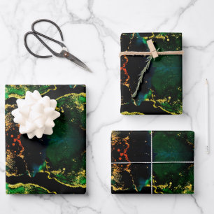 Abstraktes Black Green Gold  Geschenkpapier Set