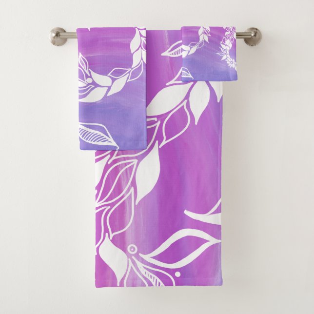 Abstraktes Blattdesign im rosa Hintergrund Badhandtuch Set (Insitu)