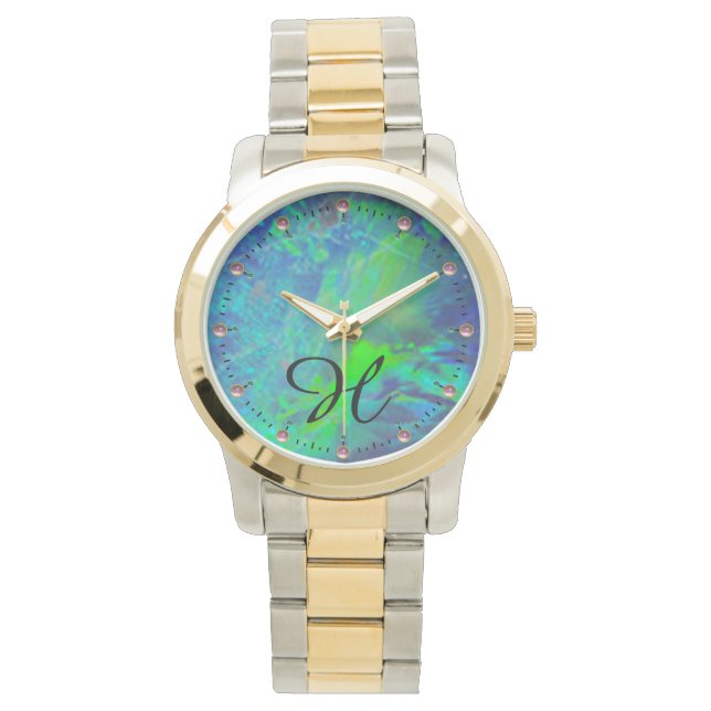 ABSTRAKTES BLAU GREEN OPAL FOTO MONOGRAMM ARMBANDUHR (Vorderseite)