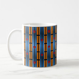 Abstraktes Blau-Orange-Gittermuster mit roten Herz Kaffeetasse