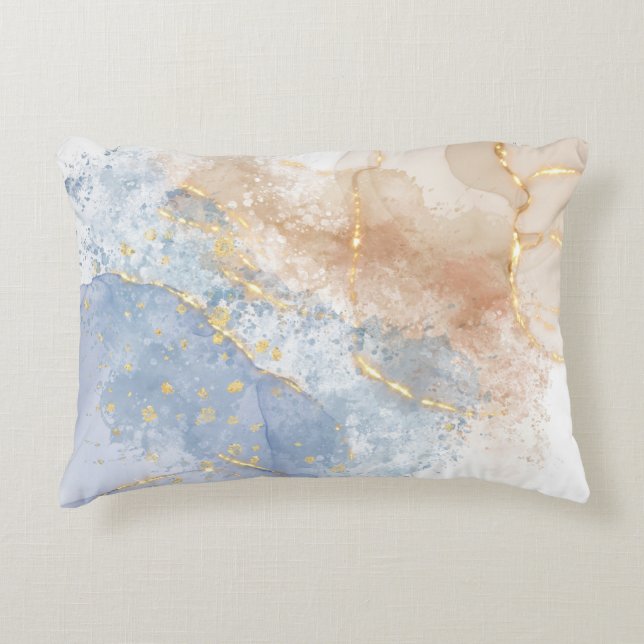 Abstraktes Blau, Taupe und Gold Dekokissen (Vorderseite)