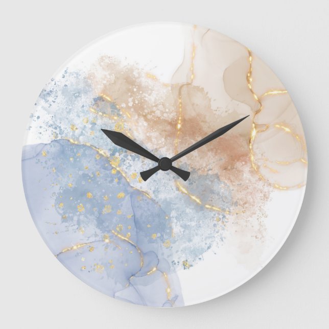 Abstraktes Blau, Taupe und Gold Große Wanduhr (Vorderseite)