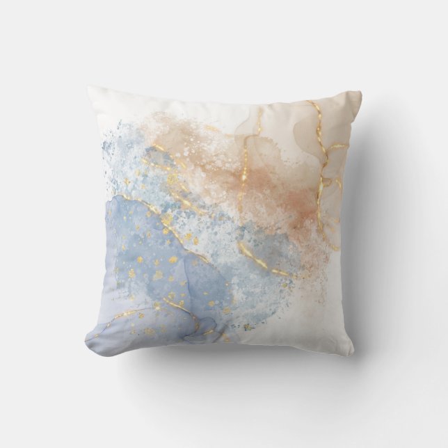 Abstraktes Blau, Taupe und Gold Kissen (Vorderseite)