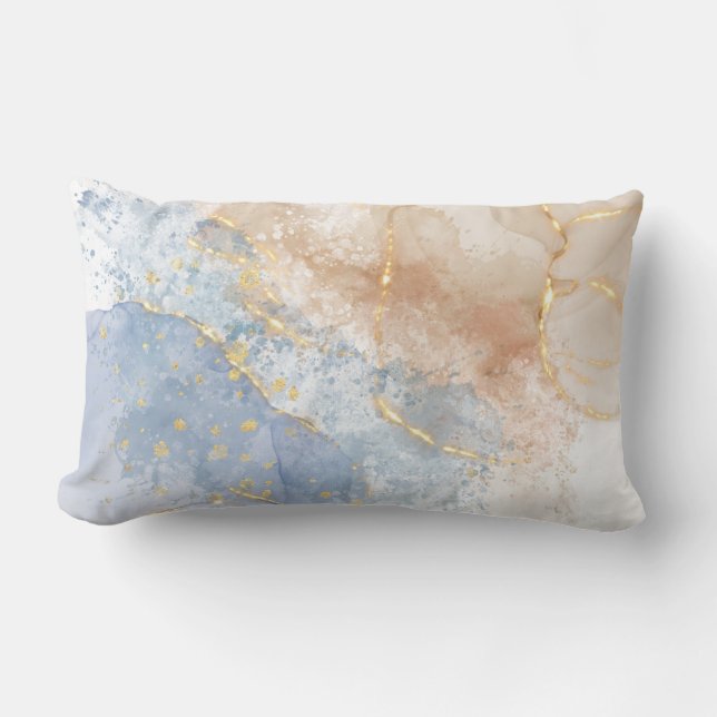 Abstraktes Blau, Taupe und Gold Lendenkissen (Vorderseite)