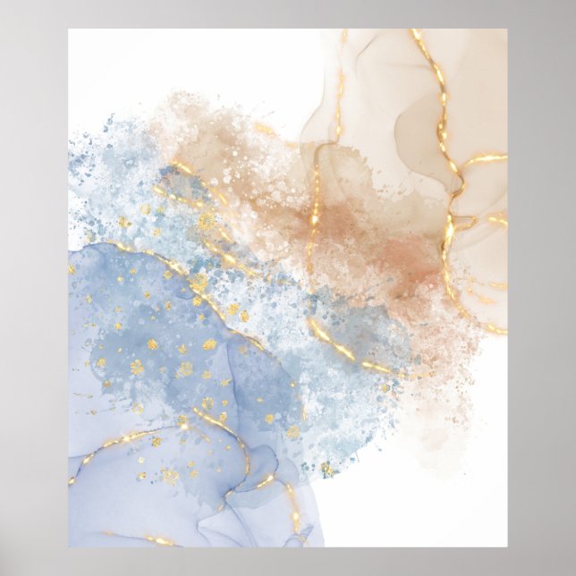 Abstraktes Blau, Taupe und Gold Poster (Vorne)