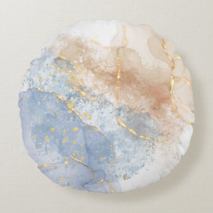 Abstraktes Blau, Taupe und Gold Rundes Kissen