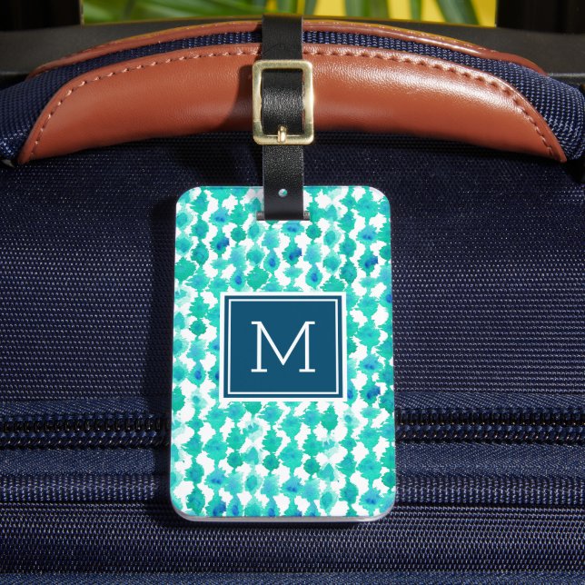 Abstraktes Blau und Aqua Wasserfarbe Mit Monogramm Gepäckanhänger (Vorderseite Insitu 2)