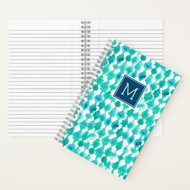 Abstraktes Blau und Aqua Wasserfarbe Mit Monogramm Notizbuch (Innen)