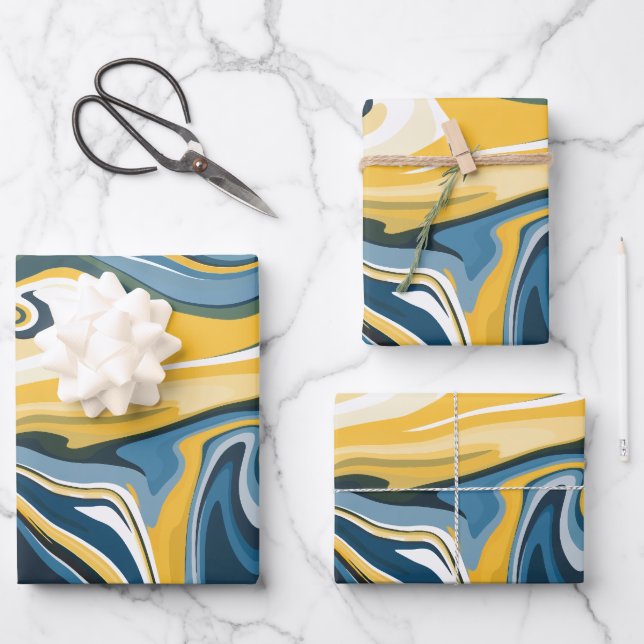 Abstraktes Blau- und Gelbblütenmuster Geschenkpapier Set (Vorderseite)