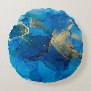 Abstraktes Blau- und Goldfragment mit farbigem Rüc Rundes Kissen