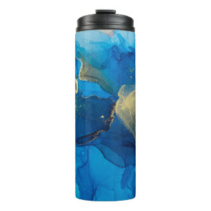 Abstraktes Blau- und Goldfragment mit farbigem Rüc Thermosbecher