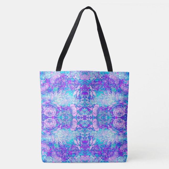Abstraktes Blau und Lila Blüten Tasche (Vorderseite)