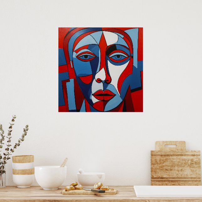 Abstraktes Blau und Rotes Gesicht Kunst Poster (Küche)