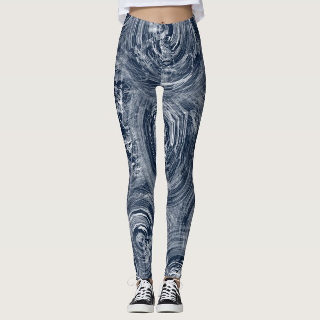 Abstraktes blau-weißes Muster Leggings (Vorderseite)