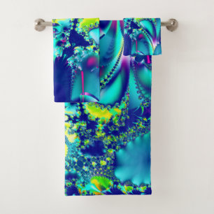 Abstraktes blaues Cyan Green-Fraktal Badhandtuch Set