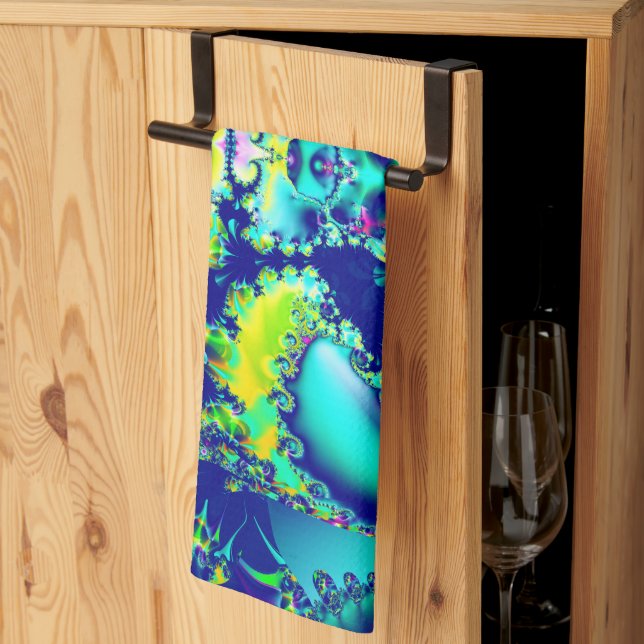 Abstraktes blaues Cyan Green-Fraktal Geschirrtuch (Drittel gefaltet)