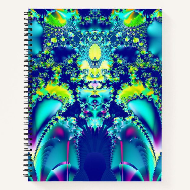 Abstraktes blaues Cyan Green-Fraktal Notizbuch (Vorderseite)