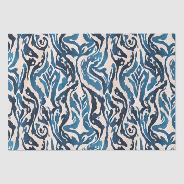 Abstraktes blaues Ikat-Wasserfarbmuster Seidenpapier (Vorderseite)
