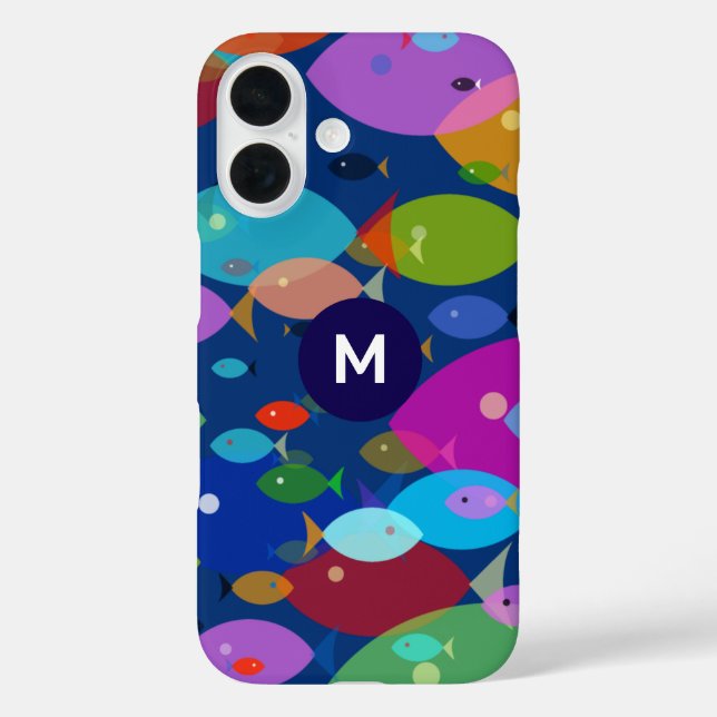 Abstraktes blaues Monogramm iPhone 16 Hülle (Rückseite)